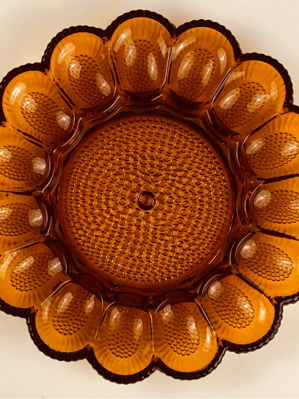 Amber Hobnail  Indiana Glass  Round Deviled Egg Plate 11” wide
